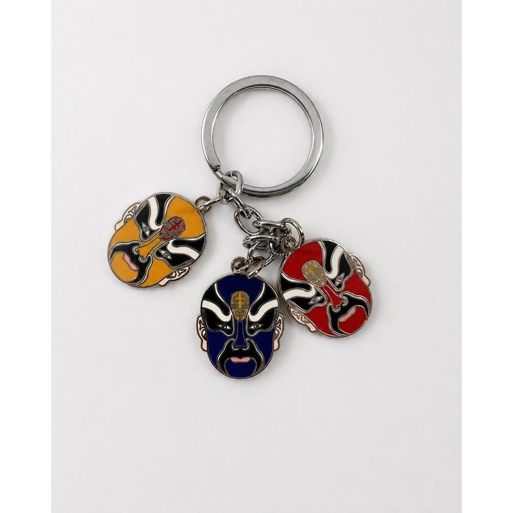 Chinese Opera Mask Enamel Charm Keychain Red Blue Yellow Silver Tone